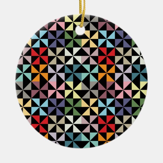 Colourful Geometric Pinwheel Black Ceramic Tree Decoration (Front)