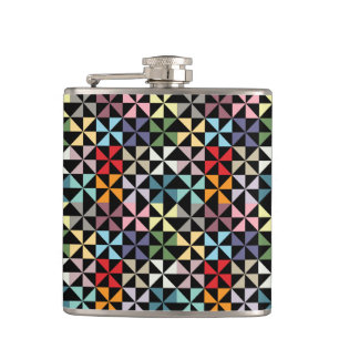 Colourful Geometric Pinwheel Black Hip Flask