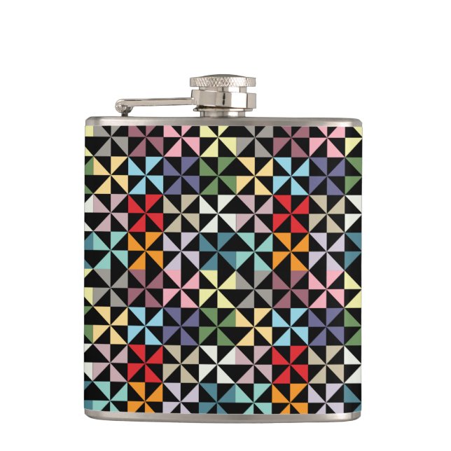 Colourful Geometric Pinwheel Black Hip Flask (Front)