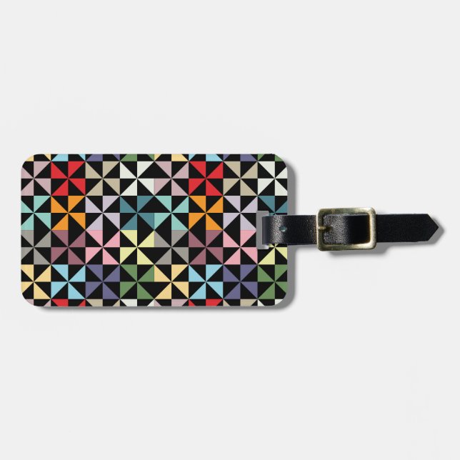 Colourful Geometric Pinwheel Black Luggage Tag (Front Horizontal)