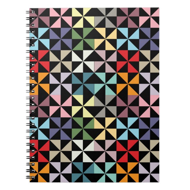 Colourful Geometric Pinwheel Black Notebook (Front)