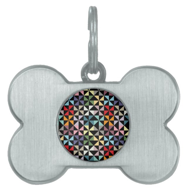 Colourful Geometric Pinwheel Black Pet Name Tag (Front)