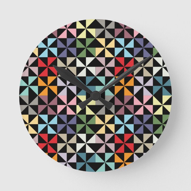Colourful Geometric Pinwheel Black Round Clock (Front)