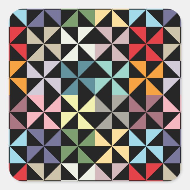 Colourful Geometric Pinwheel Black Square Sticker (Front)