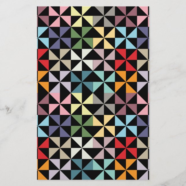 Colourful Geometric Pinwheel Black Stationery (Front)