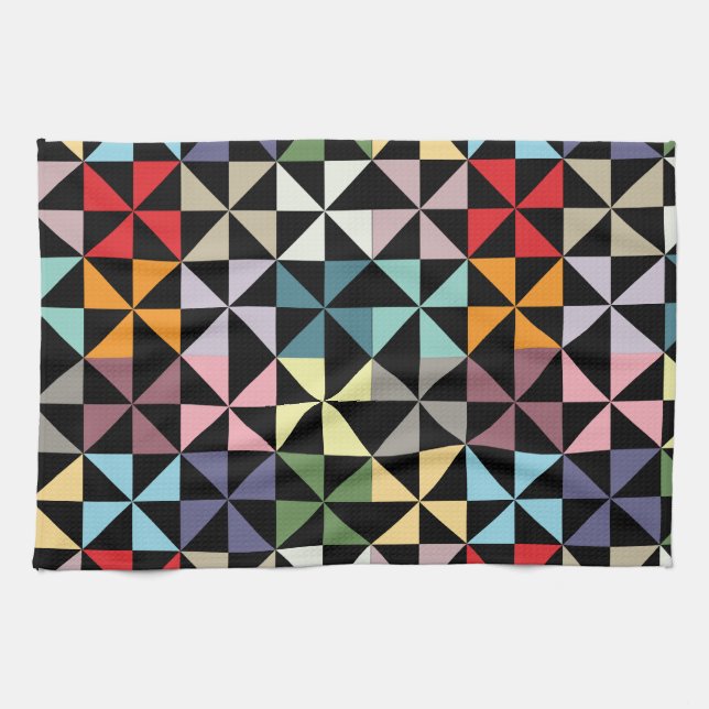 Colourful Geometric Pinwheel Black Tea Towel (Horizontal)