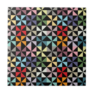 Colourful Geometric Pinwheel Black Tile