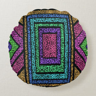 Colourful Geometric Rainbow Leopard Animal Print Round Cushion