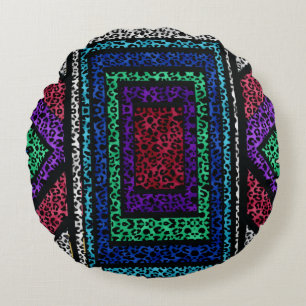 Colourful Geometric Rainbow Snow Leopard Print Round Cushion