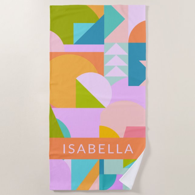 Colourful Geometric Shapes Collage Personalised Beach Towel (Front)