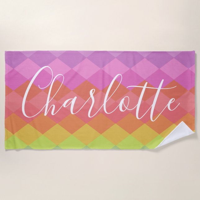 Colourful Geometric Shapes in Pink Personalised   Beach Towel (Front)