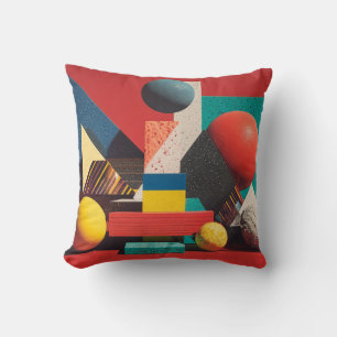 Colourful Geometric Shapes on Red Background Cushion
