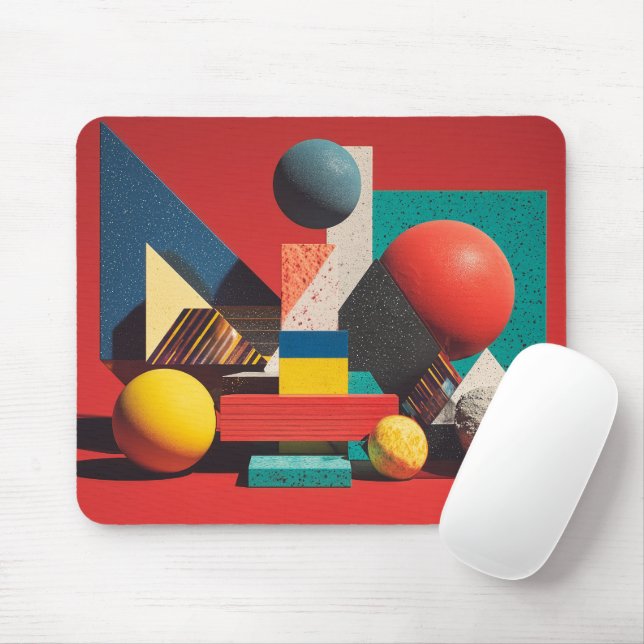 Colourful Geometric Shapes on Red Background Mouse Mat (With Mouse)