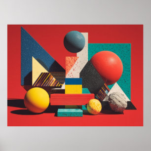 Colourful Geometric Shapes on Red Background Poster