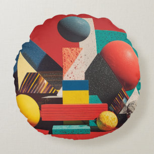 Colourful Geometric Shapes on Red Background Round Cushion