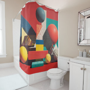 Colourful Geometric Shapes on Red Background Shower Curtain