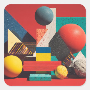 Colourful Geometric Shapes on Red Background Square Sticker