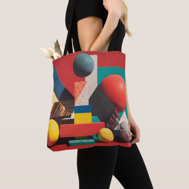 Colourful Geometric Shapes on Red Background Tote Bag (Close Up)