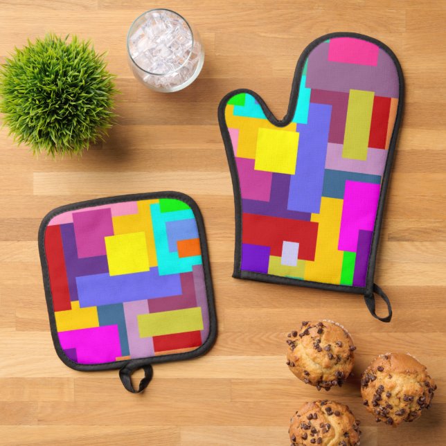 Colourful geometric shapes pattern 1 oven mitt & pot holder set (Top Down)