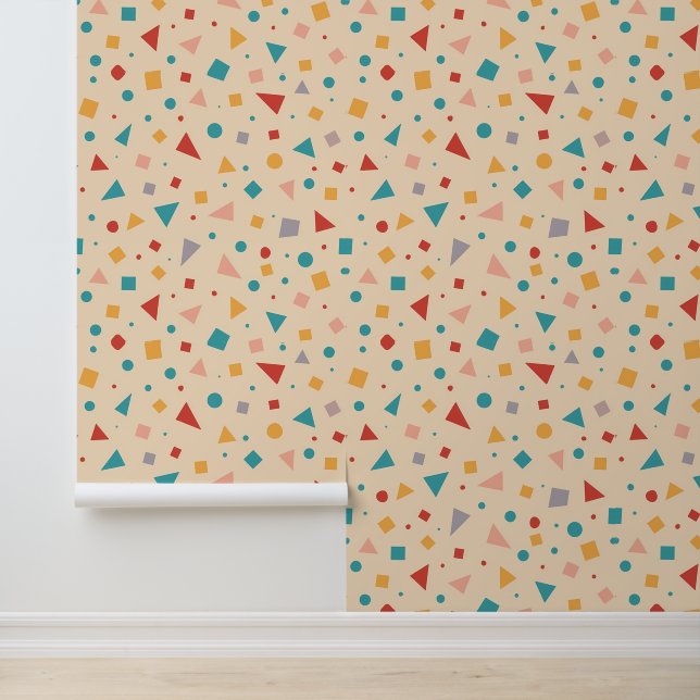 Colourful Geometric Shapes Pattern on Beige Wallpaper (Application)