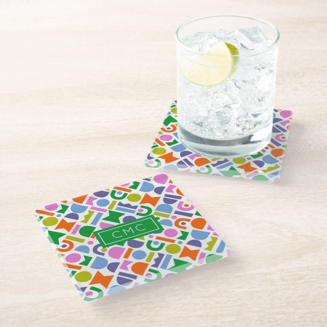 Colourful Geometric Shapes Personalised Glass Coaster (Angled)
