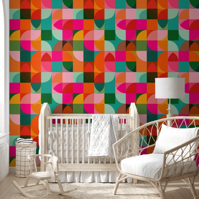 Colourful Geometric Shapes Retro Abstract Pattern Wallpaper (Kids)