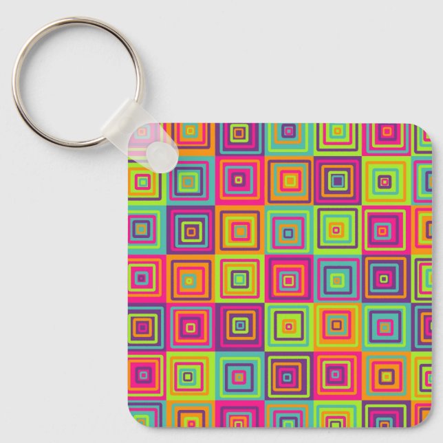 Colourful Geometric Squares Pattern Key Ring (Front)