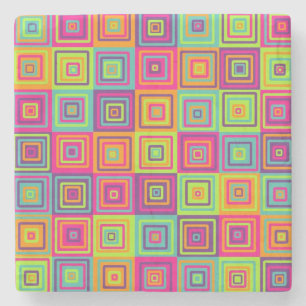 Colourful Geometric Squares Pattern Stone Coaster