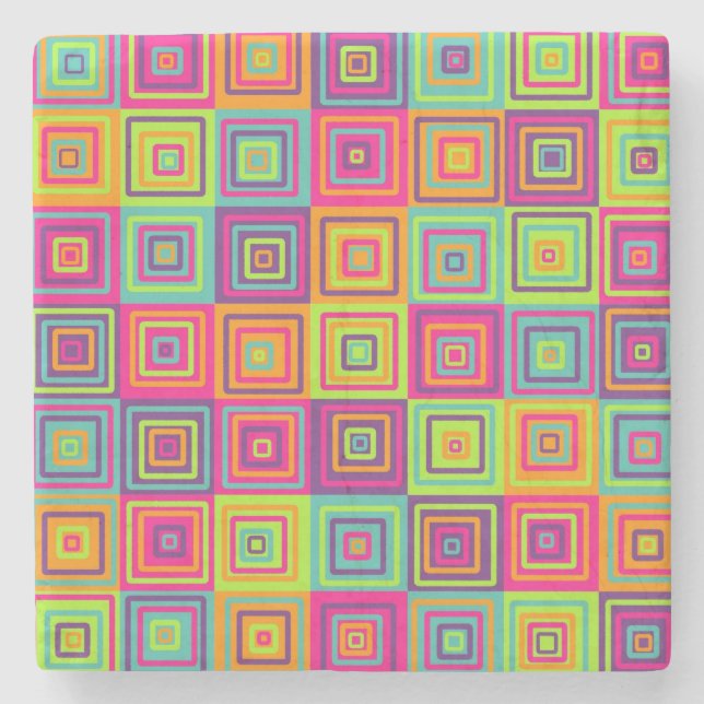 Colourful Geometric Squares Pattern Stone Coaster (Front)