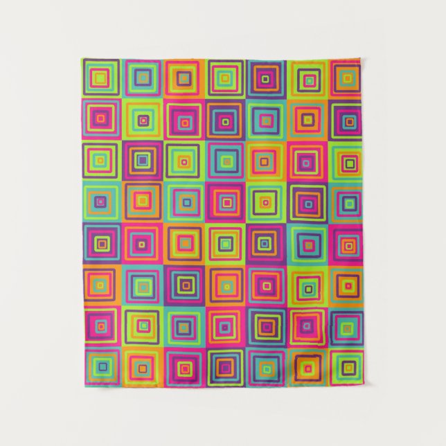 Colourful Geometric Squares Pattern Tapestry (Front)