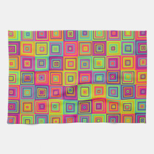 Colourful Geometric Squares Pattern Tea Towel