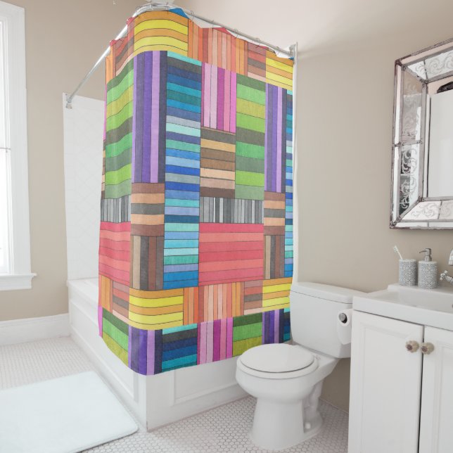 Colourful Geometric Striped Pattern in Rainbow  Shower Curtain (In Situ)