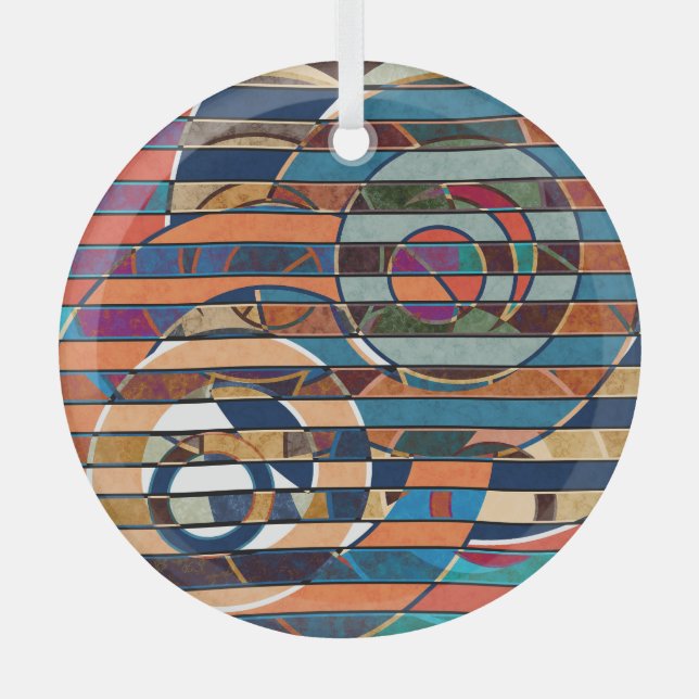 Colourful Geometric Stripes, Abstract Glass Tree Decoration (Front)