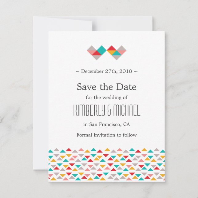 Colourful Geometric Triangle Hearts Save the Date (Front)
