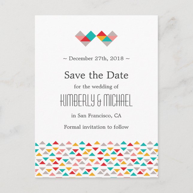 Colourful Geometric Triangle Hearts Wedding Announcement Postcard (Front)