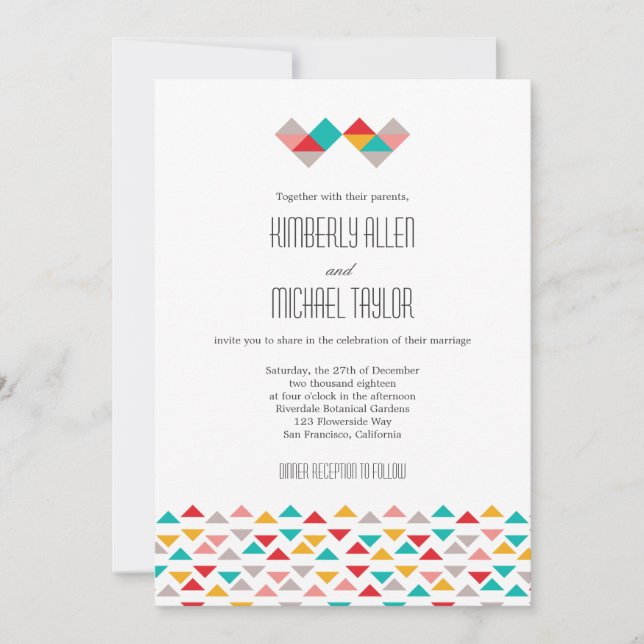Colourful Geometric Triangle Hearts Wedding Invitation (Front)