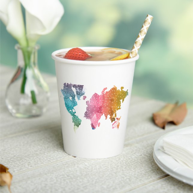 Colourful Geometric World Map Paper Cups – Trendy  (Insitu)
