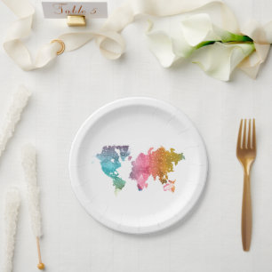 Colourful Geometric World Map – Trendy Paper Plate