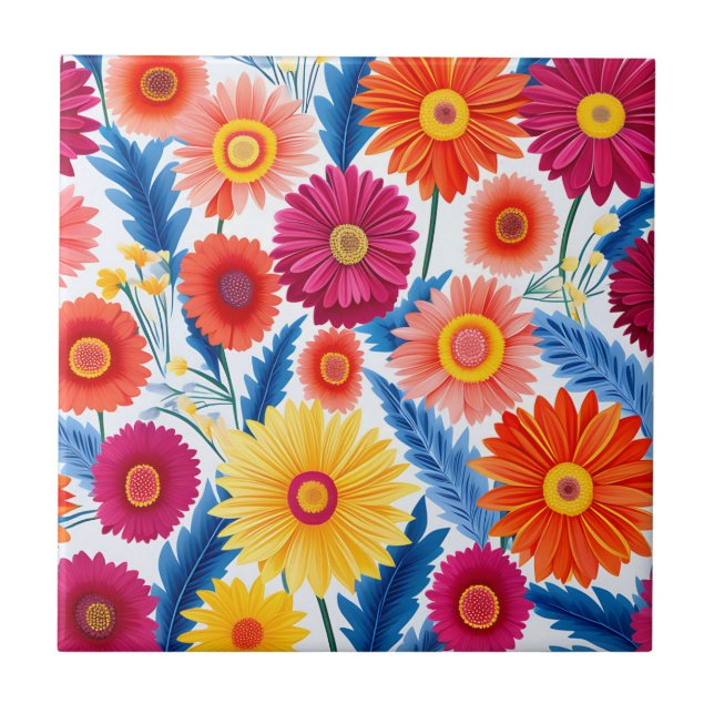 Colourful Gerbera Daisies Floral Tile (Front)