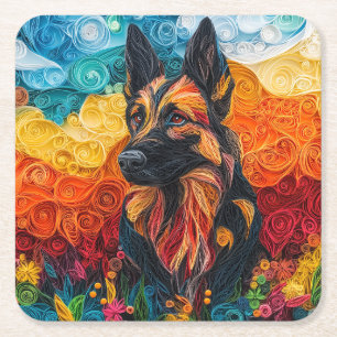 Colourful German Shepherd Dog Portrait Square Paper Coaster