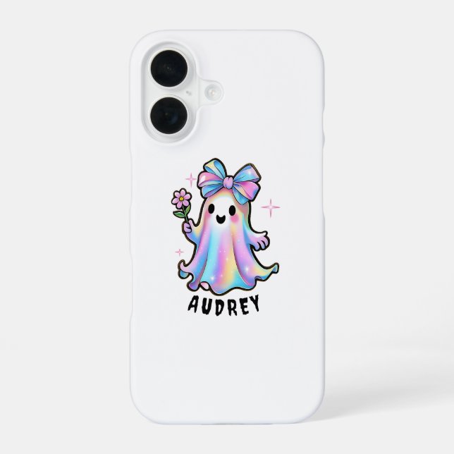 Colourful Ghost Design with Bow and Flower iPhone 16 Case (Back)