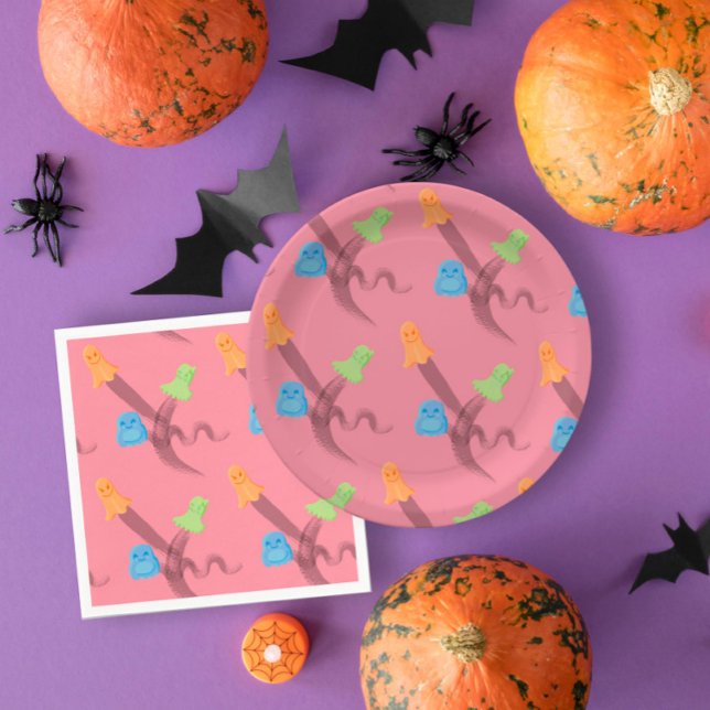 Colourful ghosts in pink Halloween party Paper Plate (Colorful ghosts in pink Halloween party Paper Plates
)