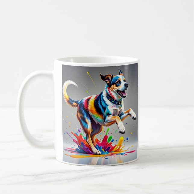 Colourful giant happy playful funny dog,  coffee mug (Left)