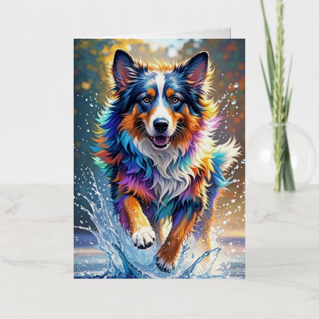Colourful giant happy playful funny dog, splash foil greeting card (Front)