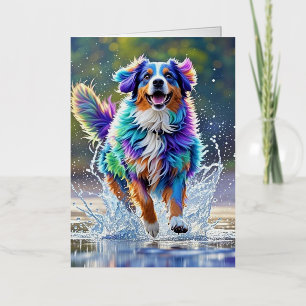 Colourful giant happy playful funny dog, splash foil greeting card
