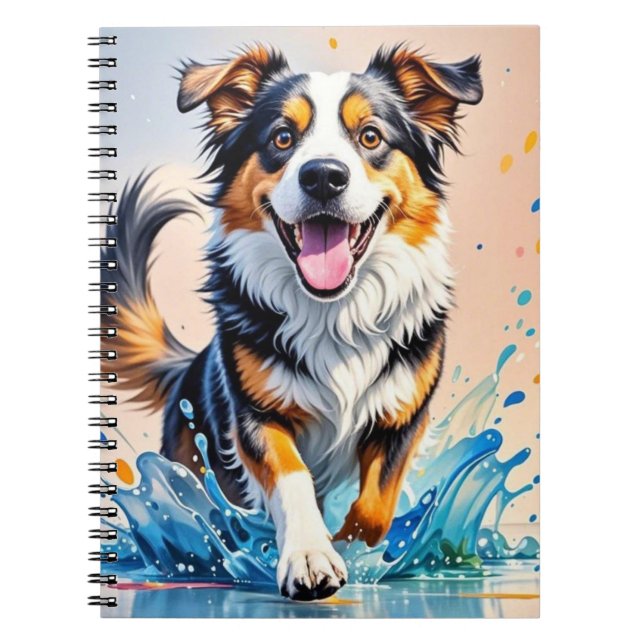 Colourful giant happy playful funny dog, splash notebook (Front)