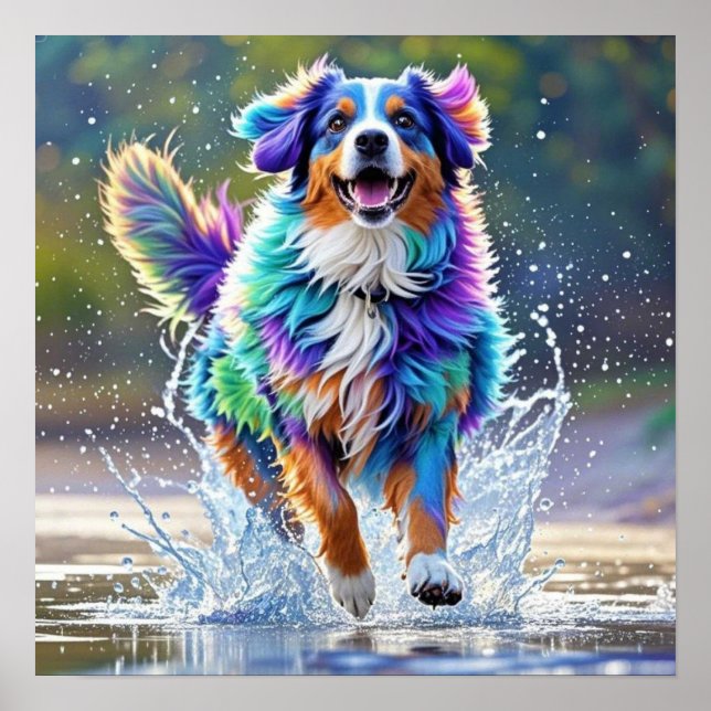 Colourful giant happy playful funny dog, splash poster (Front)