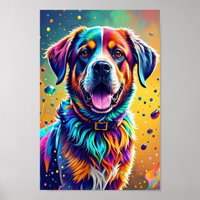 Colourful giant happy playful funny dog, splash poster (Front)