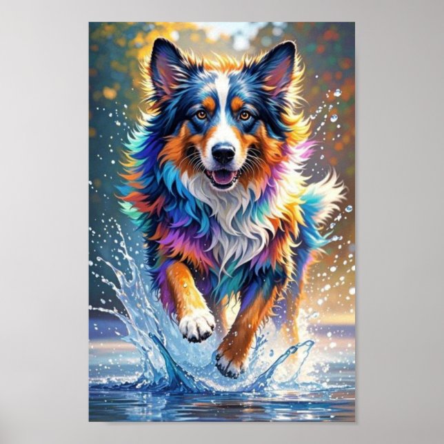 Colourful giant happy playful funny dog, splash poster (Front)