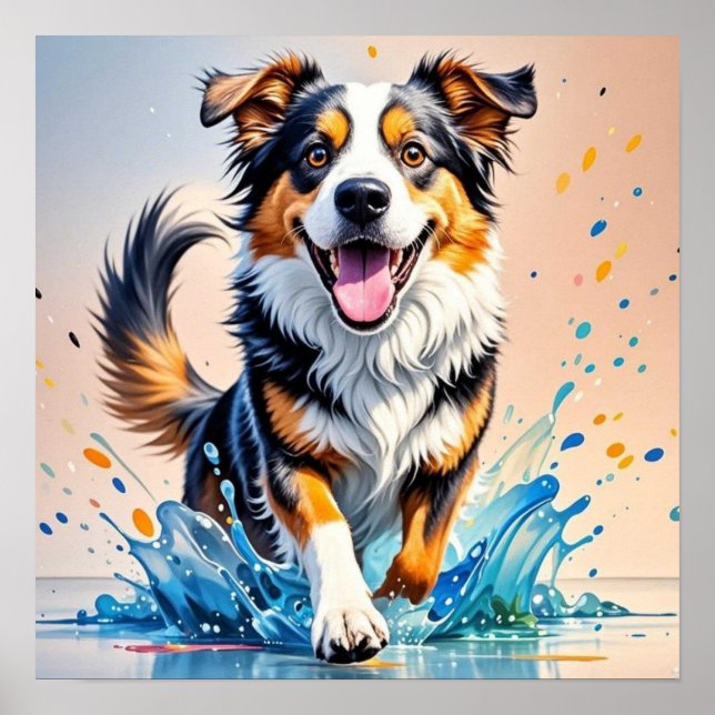 Colourful giant happy playful funny dog, splash poster (Front)